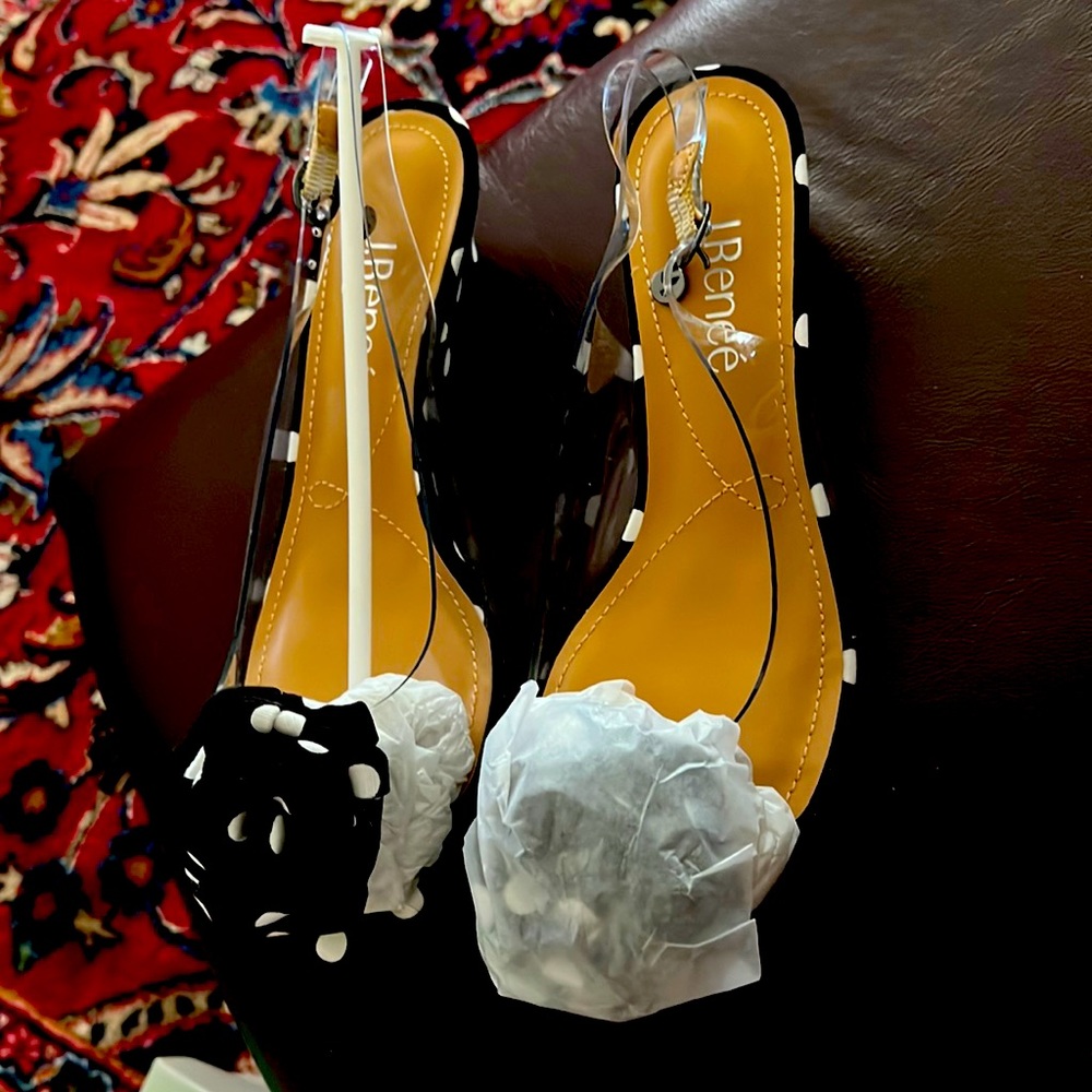 Bandolino wedges, NWT, Black/white polka-dots. Size 7 1/2 W.